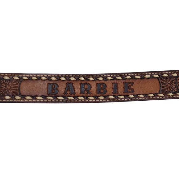 Vintage Western Leather Belt Size Small Dead Mans Hand Buckle & "Barbie" Engravi - Picture 2 of 12